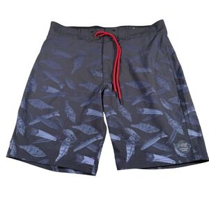 Psycho Tuna Board Shorts Mens 30 Charcoal Grey Fish Lure Print 4-Way Stretch